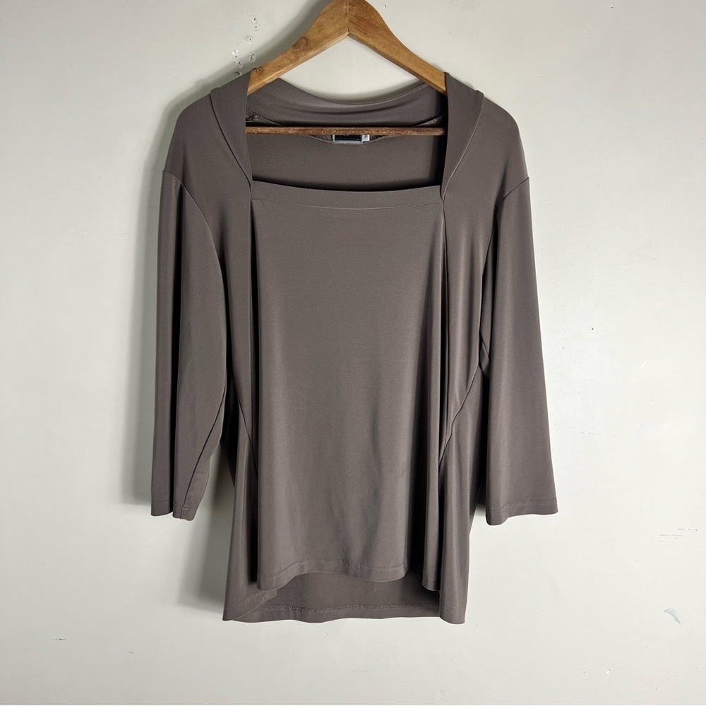 SYMPLI – Stretch Square Neck Top 3/4 Sleeve Size 14 Taupe Travel Flowy